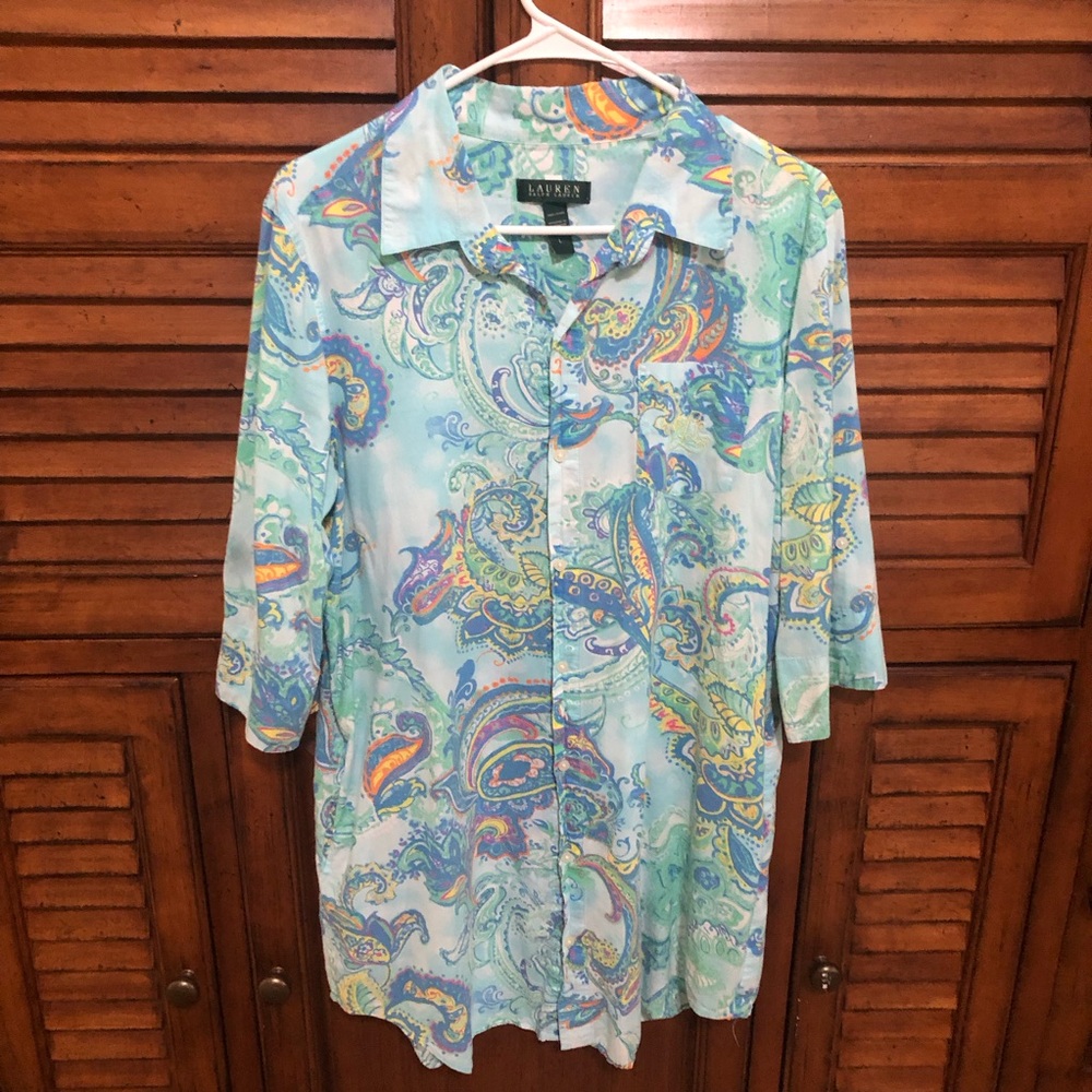 Lauren Ralph Lauren Pastel Paisley Button-Up Sleep Shirt - Size Large 🛏️ 💤